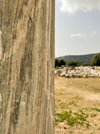 Ancient marble column details against a serene archaeological site landscape in daylightの写真素材