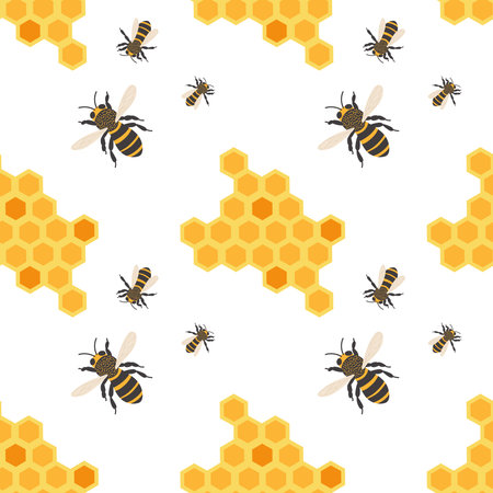 Pattern design featuring bees and honeycombs in a vibrant and cheerful layout