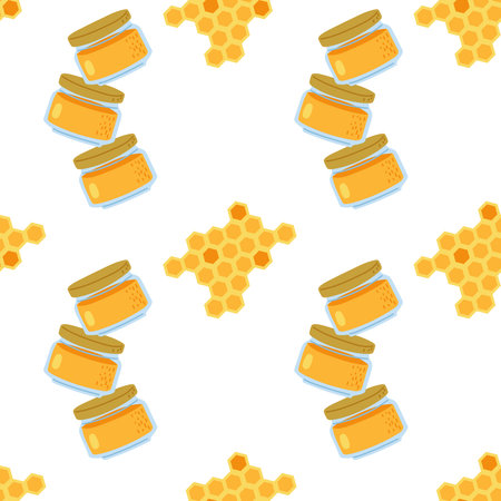Pattern of honey jars and honeycomb on a white background for kitchen decorのイラスト素材