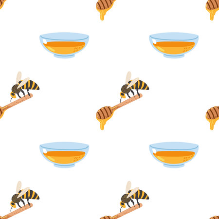Creative pattern with bees, honey, and bowls on a white background for kitchen decorのイラスト素材