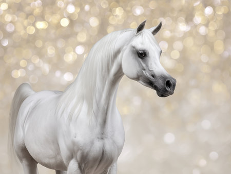 Majestic white horse posing elegantly against a shimmering golden backgroundの素材