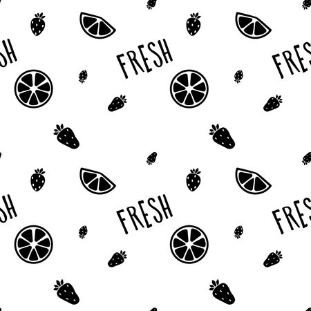 Fresh fruit pattern with strawberries and citrus fruits on a white backgroundのイラスト素材