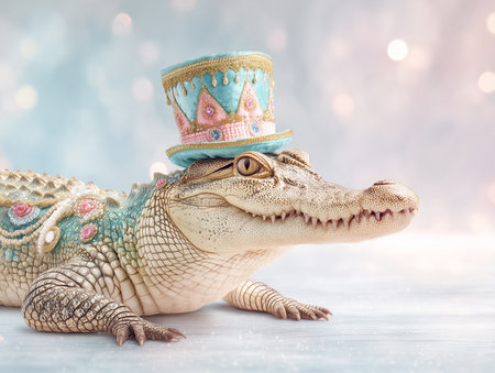 Crocodile wearing a colorful party hat in a festive settingの素材