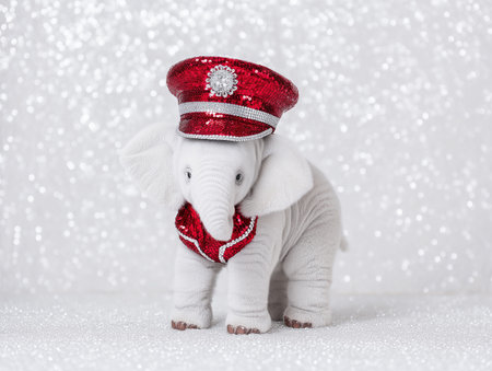 Cute stuffed elephant in a shiny red hat and bow tie on a sparkling backgroundの素材