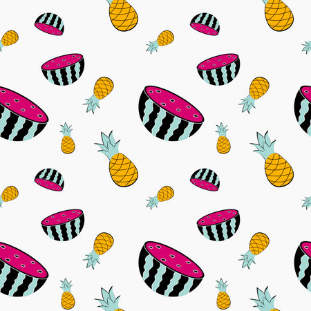 Colorful fruit pattern featuring watermelons and pineapples on a light backgroundのイラスト素材