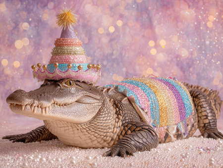 Crocodile dressed in colorful costume with a festive hat and beads on a sparkling backgroundの素材