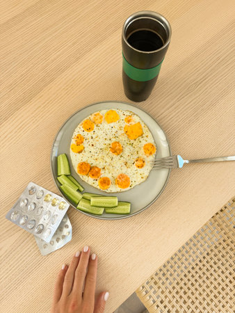 Healthy breakfast with eggs and a drink on a wooden table in a modern setting
