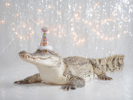 Crocodile wearing festive hat in sparkling holiday setting during celebrationの素材