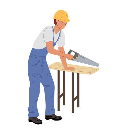 Carpenter sawing wood at a workbench during daylight hoursのイラスト素材