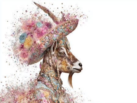 Elegant goat adorned with flowers and jewels in an artistic displayの素材