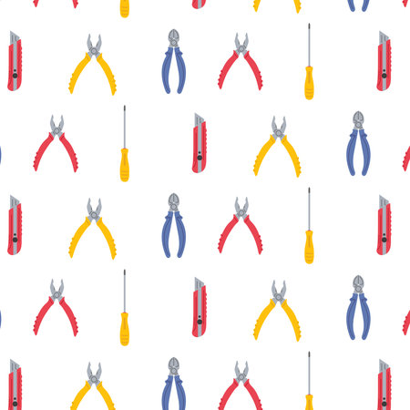 Diverse assortment of hand tools in vibrant colors arranged on a white backgroundのイラスト素材