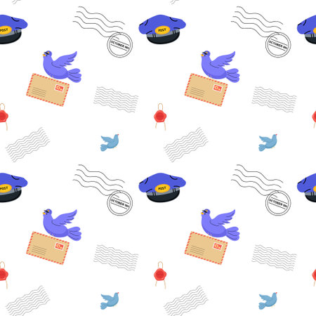 Colorful pattern featuring postal elements and birds illustrating communication conceptsのイラスト素材