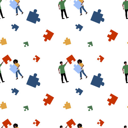 People working together to complete a colorful puzzle on a light backgroundのイラスト素材