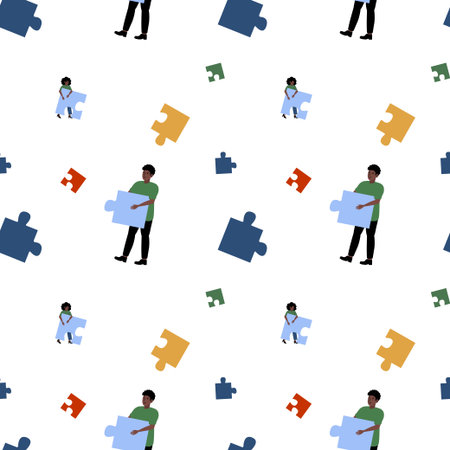 People interacting with colorful puzzle pieces in a playful and creative environmentのイラスト素材