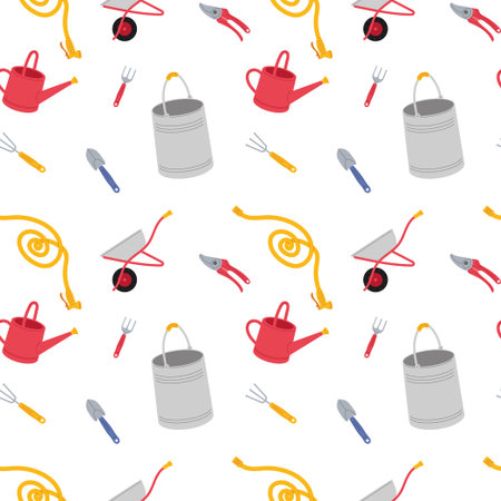 Colorful gardening tools pattern with watering cans, wheelbarrows, and gardening accessoriesのイラスト素材