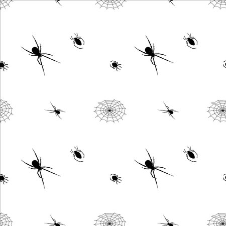 Black spiders and webs pattern on a white background for Halloween decorations or craftsのイラスト素材