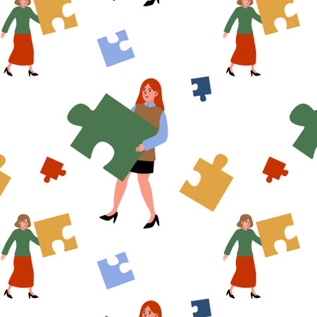 Women engaging with large puzzle pieces in a creative, colorful settingのイラスト素材