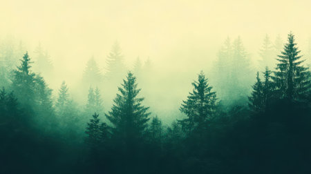 Misty forest landscape at dawn in soft lightの素材