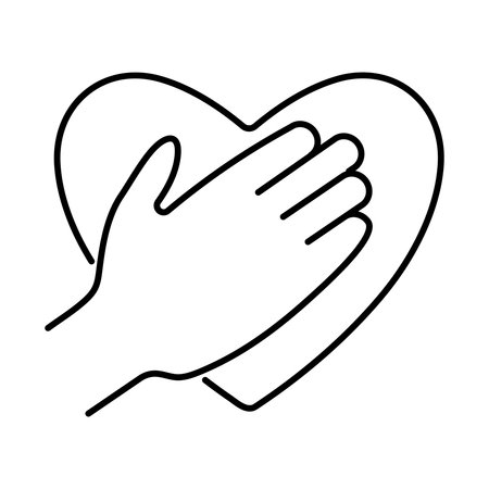Hand holding heart. Heart black white outline. Hand protects heart icon. Concept of volunteering and protectionのイラスト素材