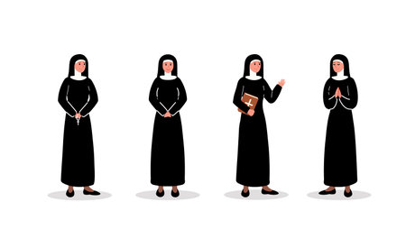 Religious gestures. Nuns with different hand gestures with rosaries and a bible. Black Nuns clothes. Illustration with Nun setのイラスト素材