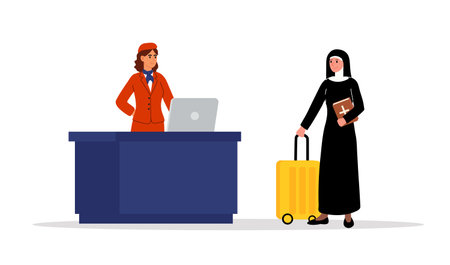 Nun wearing black habit at airport check-in desk. Woman in monks clothes with yellow suitcase. Travel and airplane tripsのイラスト素材