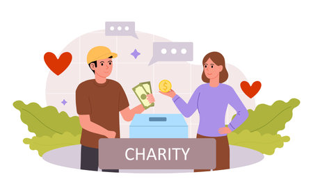 Charity. Man and woman place cash coins and banknotes into donation box for aid to those in need. Cash donations.のイラスト素材