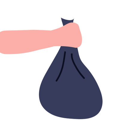 Human hand holds black plastic bag. Doodle vector illustration. Zero waste movements, educational materials, Earth Day visualsのイラスト素材