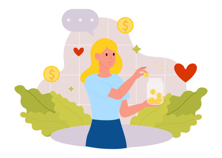 Money savings. Young woman putting coins into piggy bank. Concept of saving and increasing money. Vector illustration.のイラスト素材