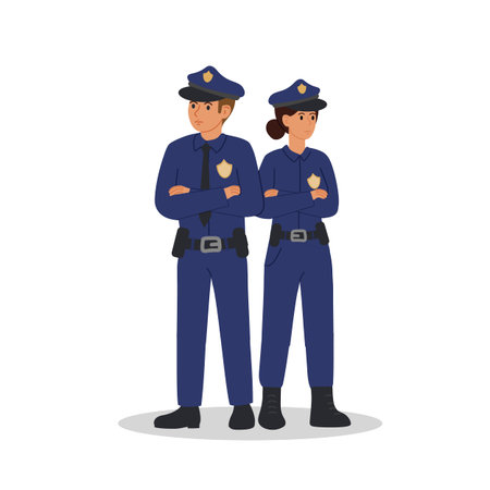 Two brave police officers on guard. Man and woman in blue police uniform standing full height and...