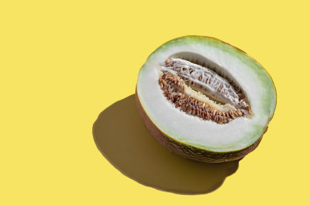 A half of delicious melon with seeds on yellow background with grey shadow. Trendy colors of 2021.Top view. Copy space.の写真素材
