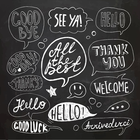 Hand drawn set of speech bubbles with handwritten short phrases: Hello, Thank You, Good Bye, Welcome, Good Luck, All The Best, See Ya, Good Day. Vector illustration.のイラスト素材