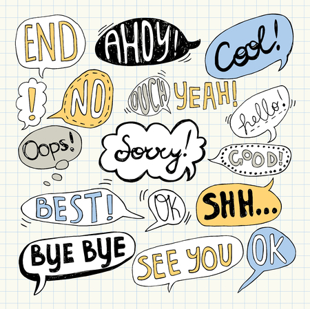 Hand drawn set of speech bubbles with handwritten textのイラスト素材