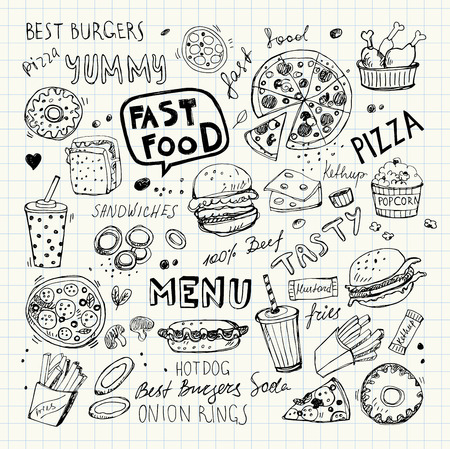 Fast food doodles. Hand drawn vector symbols and objectsのイラスト素材