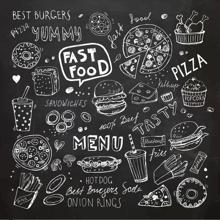 Fast food doodles. Hand drawn vector symbols and objectsのイラスト素材