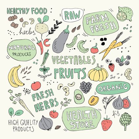 Hand Drawn Fruits and Vegetables Doodlesのイラスト素材