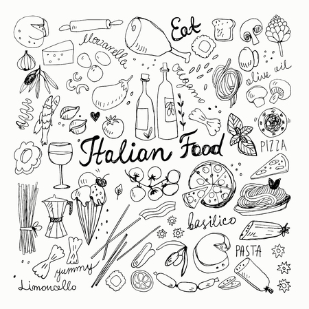 Hand Drawn Italian Food Doodles. Pencil Drawing, Ink Drawing.のイラスト素材