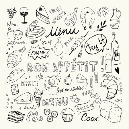 Restaurant Doodle Set. Hand Drawn Vector Illustration. Pencil Drawing. Bon Appetit Food Collectionのイラスト素材