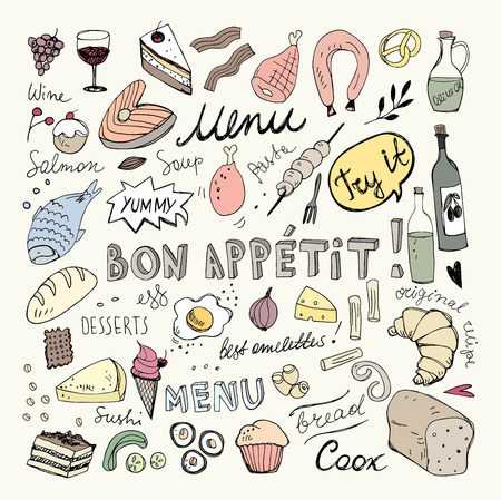 Restaurant Doodle Set. Hand Drawn Vector Illustration. Pencil Drawing. Bon Appetit Food Collectionのイラスト素材