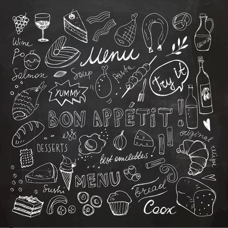 Restaurant Doodle Set. Hand Drawn Vector Illustration. Chalk Drawing. Bon Appetit Food Collectionのイラスト素材