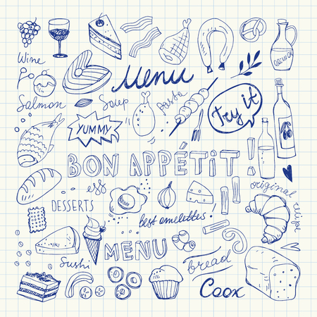 Restaurant Doodle Set. Hand Drawn Vector Illustration. Pen Drawing. Bon Appetit Food Collectionのイラスト素材