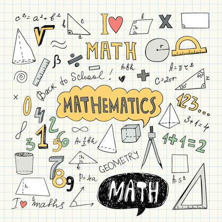 Hand Drawn Mathematical Doodle Handwriting Elements. School Education Background. Vector Illustration. Pencil Drawing.のイラスト素材
