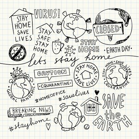 Stay Home Stay Safe Quote Concept. Earth Day Illustration.Vector Illustration. Quarantine Lockdown doodles.のイラスト素材