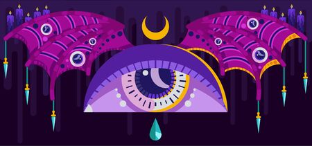 Vector illustration. Huge eye with bat wings. Occult Symbols. Daggers, candles, a tear. On a dark gloomy background.のイラスト素材