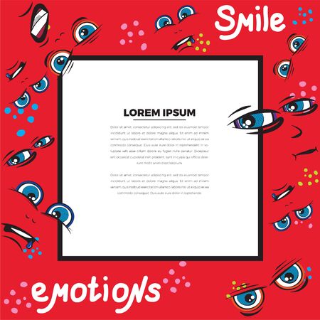 Emoji frame with place for text. The pattern of faces with different emotions on a red background. Funny scribbles. Vector templates for typography or web design.のイラスト素材