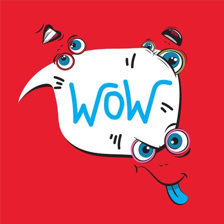 Emoji face with ductile facial expressions. Handwritten lettering. With place for text in a bubble. Funny doodle. Vector templates for typography or web design.のイラスト素材