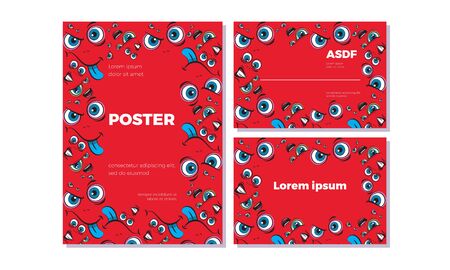 Emoji frame with place for text. The pattern of faces with different emotions on a red background. Funny scribbles. Vector templates for typography or web design.のイラスト素材