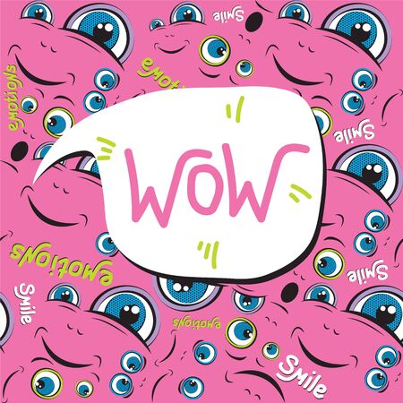 Seamless pattern. Emoji face with ductile facial expressions. Handwritten lettering. With place for text in a bubble. Funny doodle. Vector templates for typography or web design.のイラスト素材