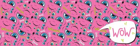 Seamless horizontal pattern. Emoji face with ductile facial expressions. Handwritten lettering. With place for text in a bubble. Funny doodle. Vector templates for typography or banner or web design.のイラスト素材