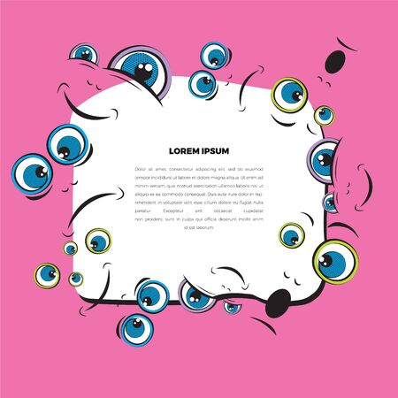 Emoji frame with place for text. The pattern of faces with different emotions on a pink background. Funny scribbles. Vector templates for typography or web design.のイラスト素材