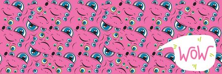 Seamless horizontal pattern. Funny emoji face with ductile facial expressions. With place for text in a bubble. Funny doodle. Vector templates for typography or banner or web design.のイラスト素材